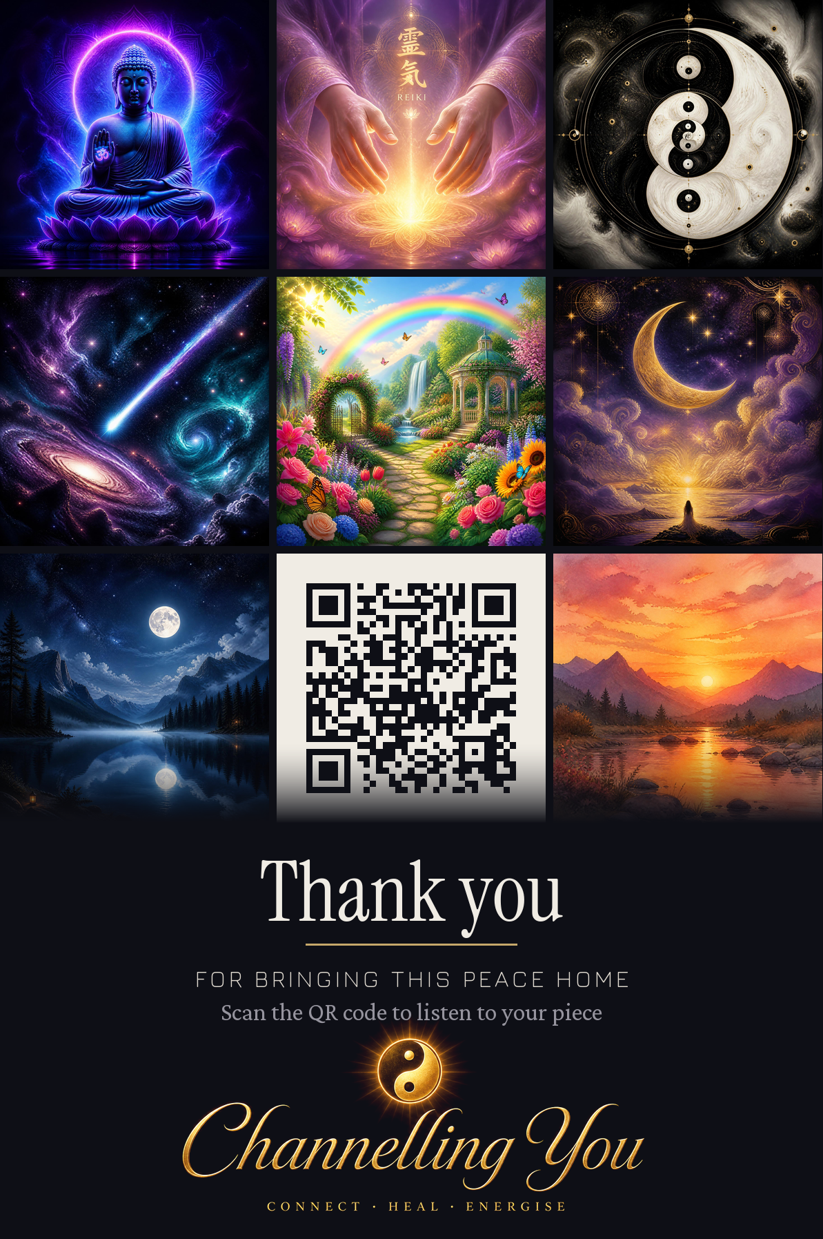 Thank-you keepsake card showing the collection and a QR code to listen to your piece