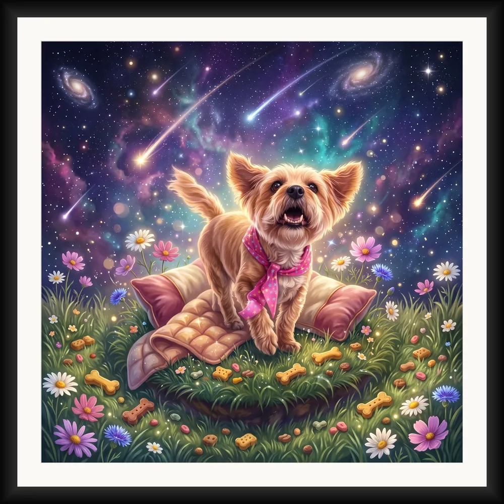 A Universe of Comfort framed fine art print, glazed and mounted, on a light wall