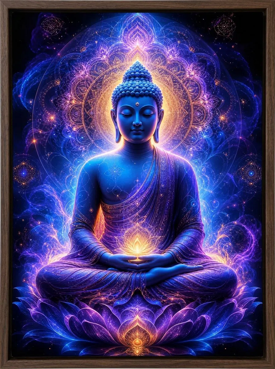 Neon Glow Buddha Masterpiece, 75 × 100 cm canvas float framed in dark wood