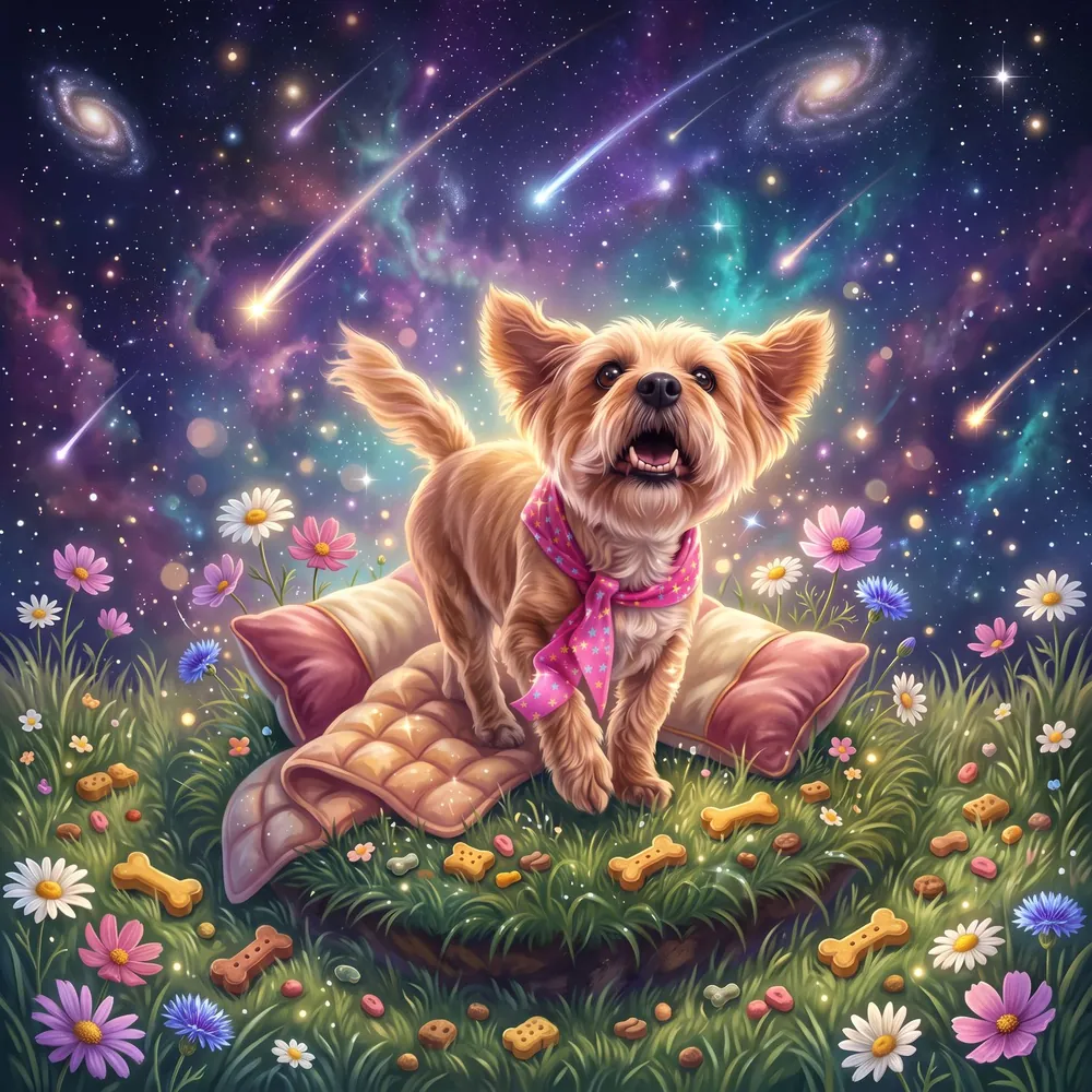 A Universe of Comfort — a joyful tan terrier in her own cosmic garden of grass, treats, pillows, blankets, wildflowers and shooting stars