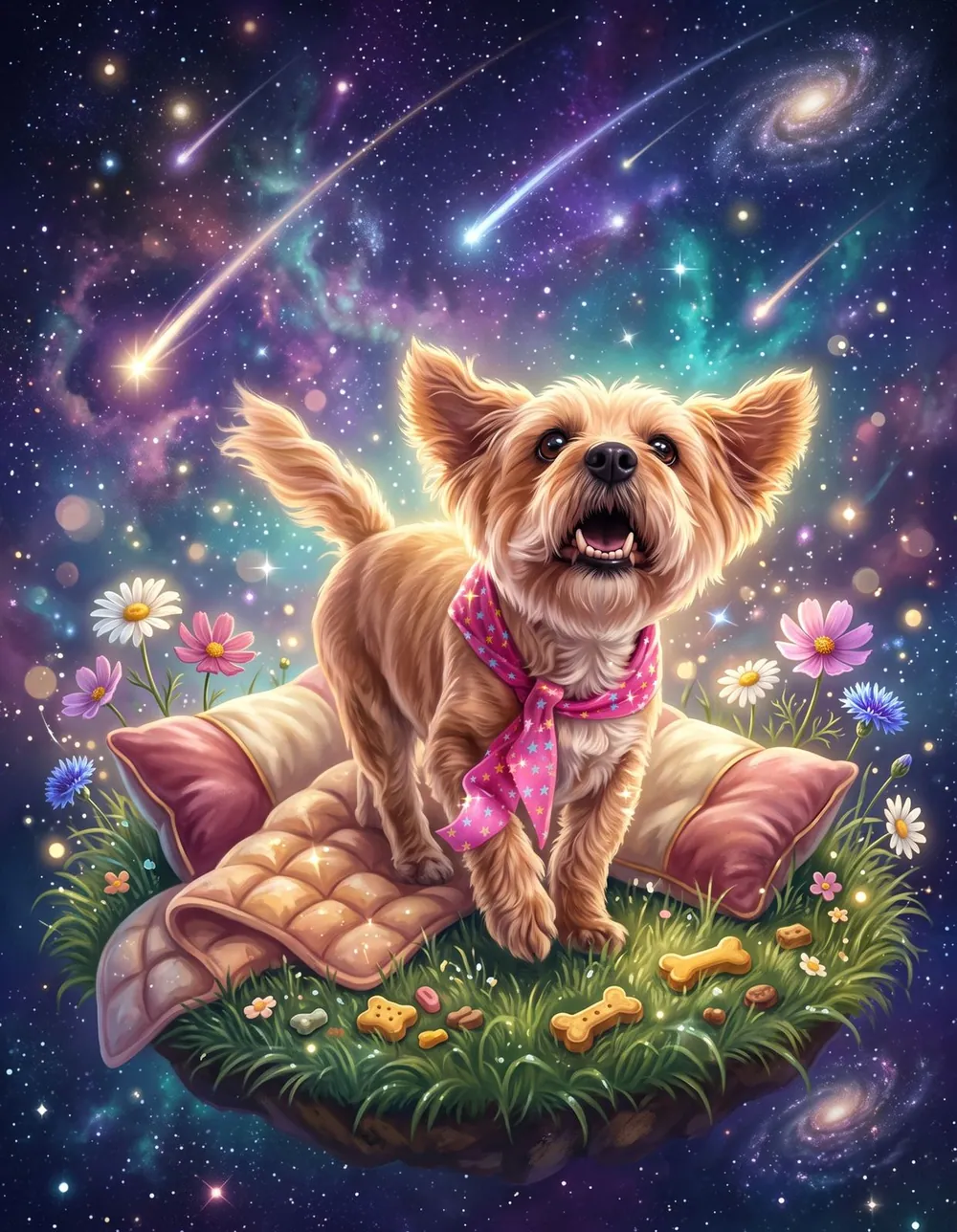 A joyful tan terrier standing in her own cosmic garden of grass, treats, pillows, blankets, wildflowers and shooting stars