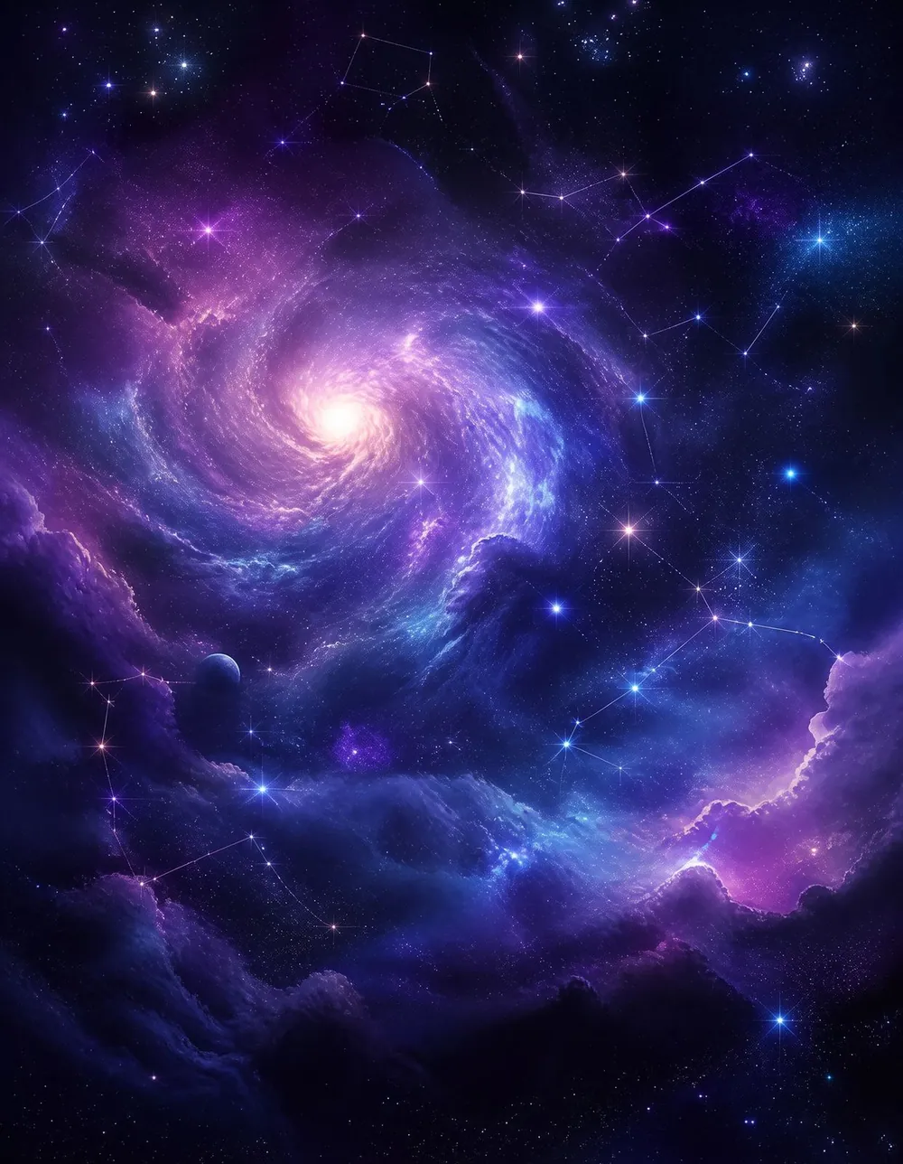 Cosmic Starfield Deluxe — a violet and blue galaxy spiral with constellations across deep space