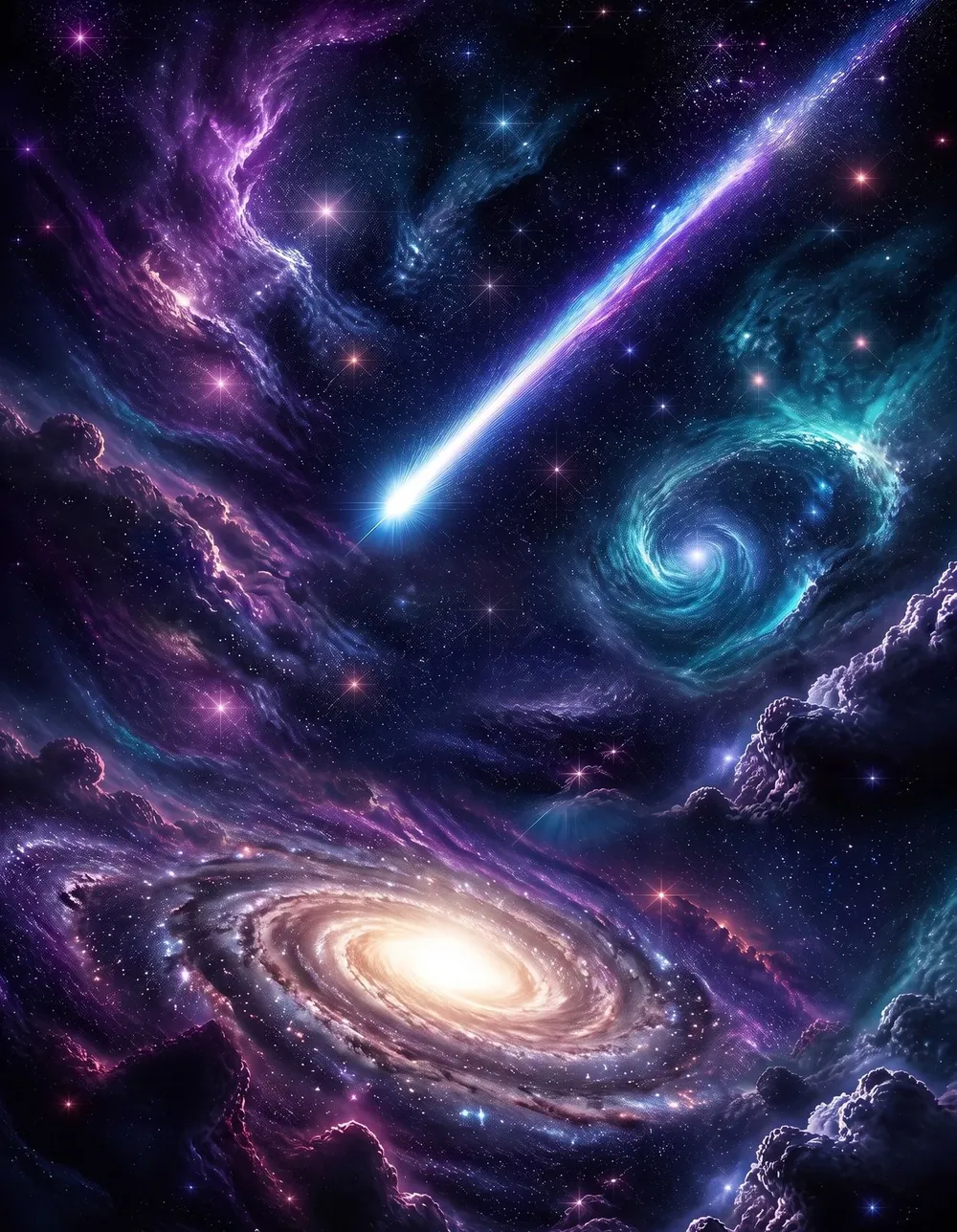 Cosmos Shooting Star Deluxe — a bright shooting star crossing violet and teal galaxies