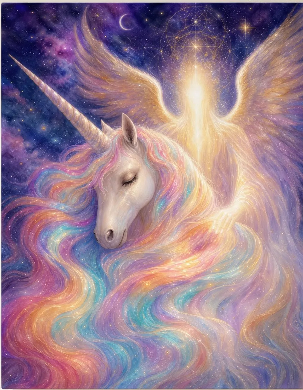 Her Guardian, Her Rest Deluxe — a sleeping unicorn with an iridescent rainbow mane beneath a faceless guardian of golden light