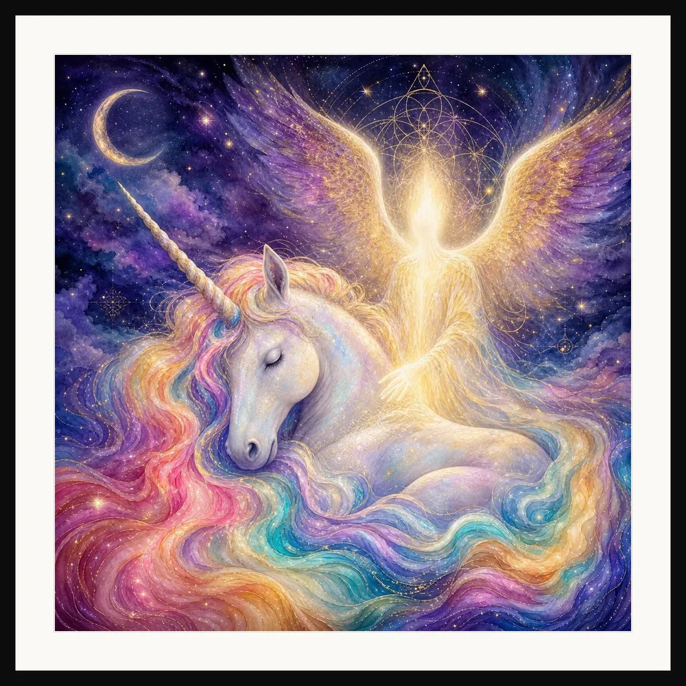 Her Guardian, Her Rest framed fine art print, glazed and mounted, on a light wall