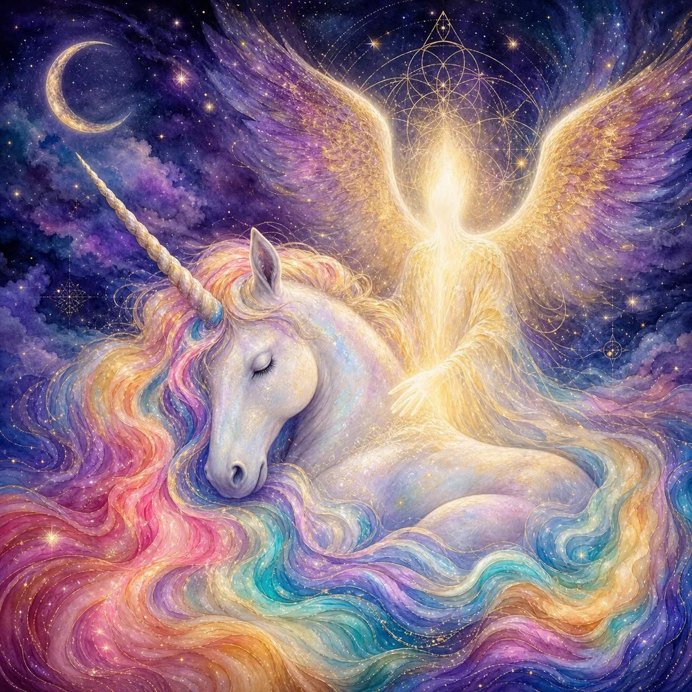 Her Guardian, Her Rest — a sleeping unicorn with an iridescent rainbow mane, watched over by a faceless guardian of golden light with vast wings