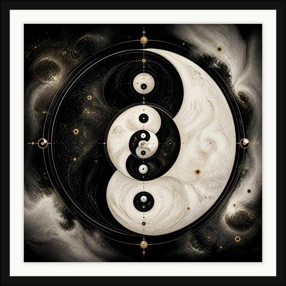 Infinite Yin Yang framed fine art print, glazed and mounted, on a light wall