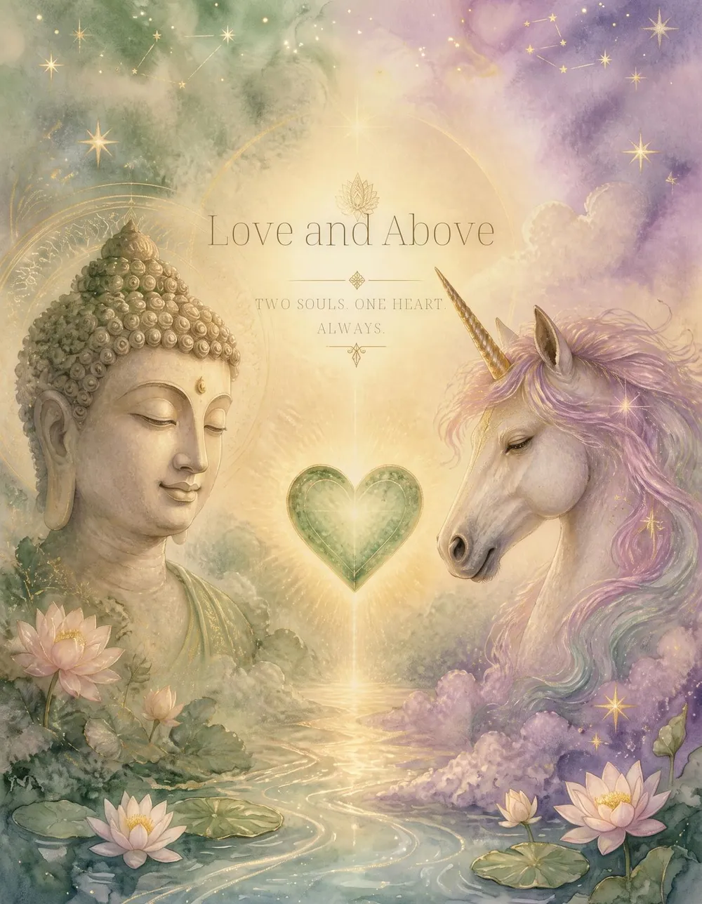 Love and Above Deluxe — Buddha, unicorn and a green heart in soft watercolour light