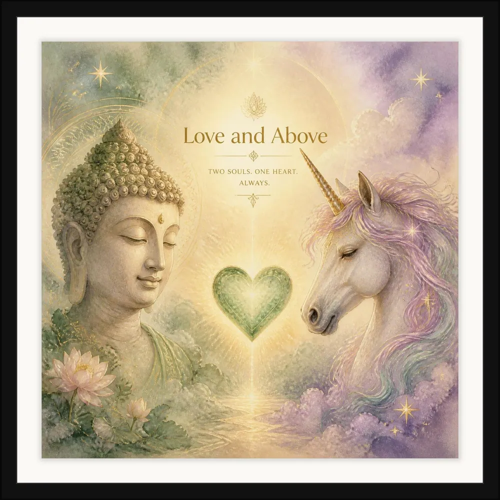 Love and Above framed fine art print, glazed and mounted, on a light wall