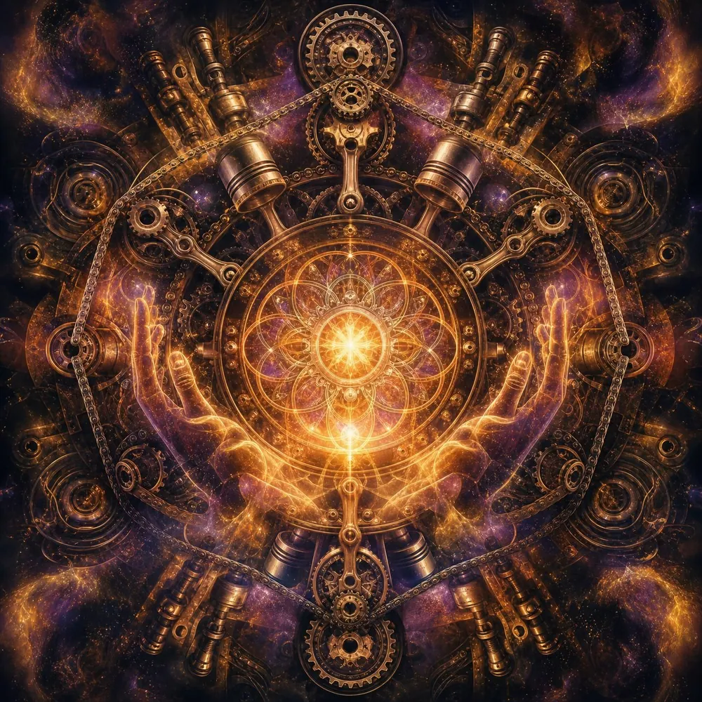 The Mechanic's Cathedral — engine cogs, chains and pistons arranged as a glowing sacred mandala