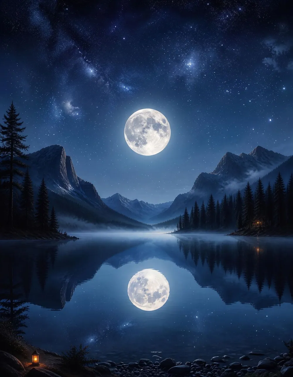 Moonlit Lake Deluxe — a full moon over a mirror-still mountain lake under a starry sky