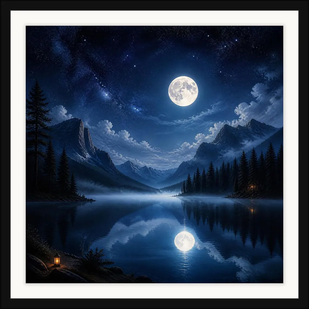 Moonlit Lake framed fine art print, glazed and mounted, on a light wall