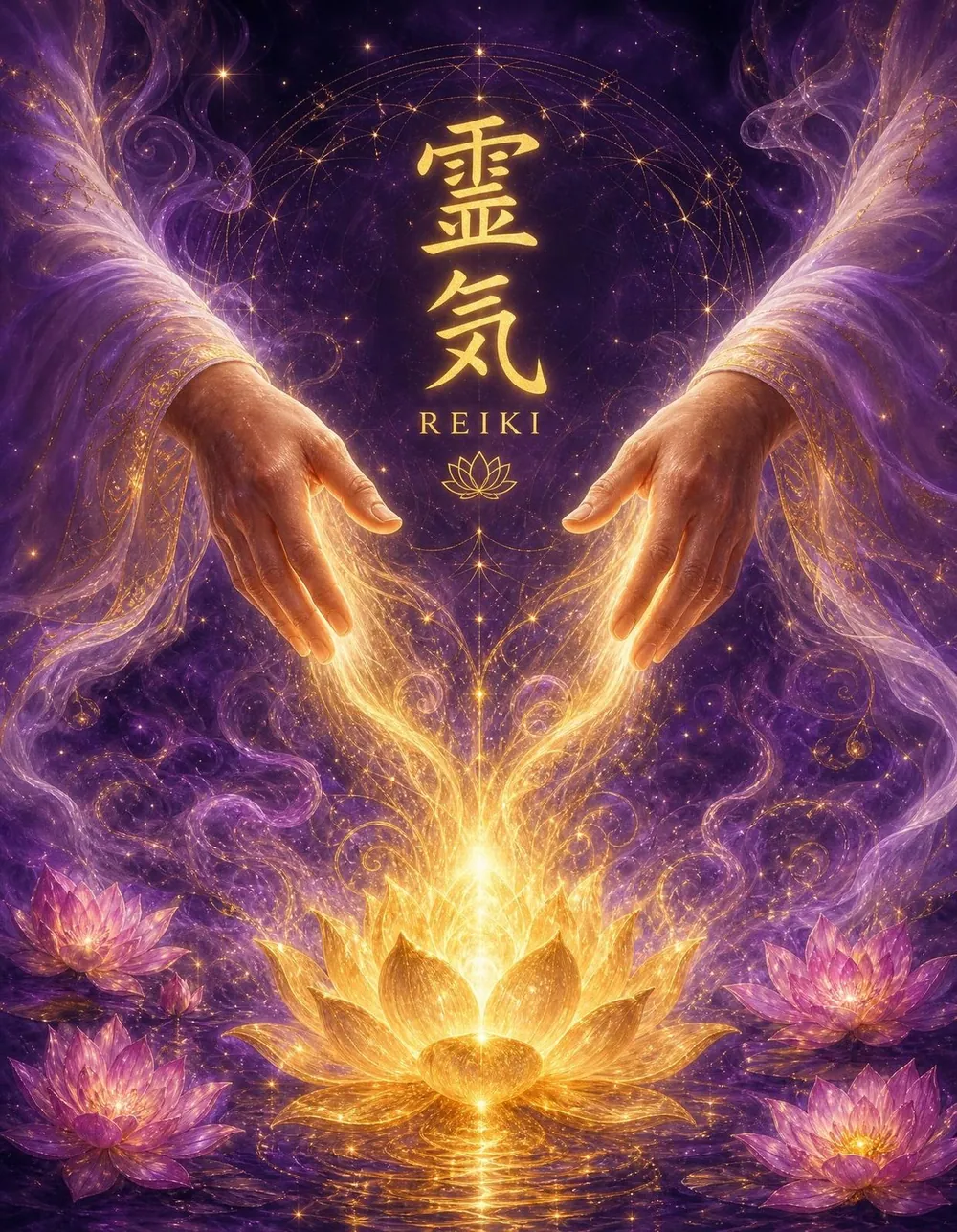 Reiki Healing Hands Deluxe — glowing hands pouring golden light into a lotus of light on still water