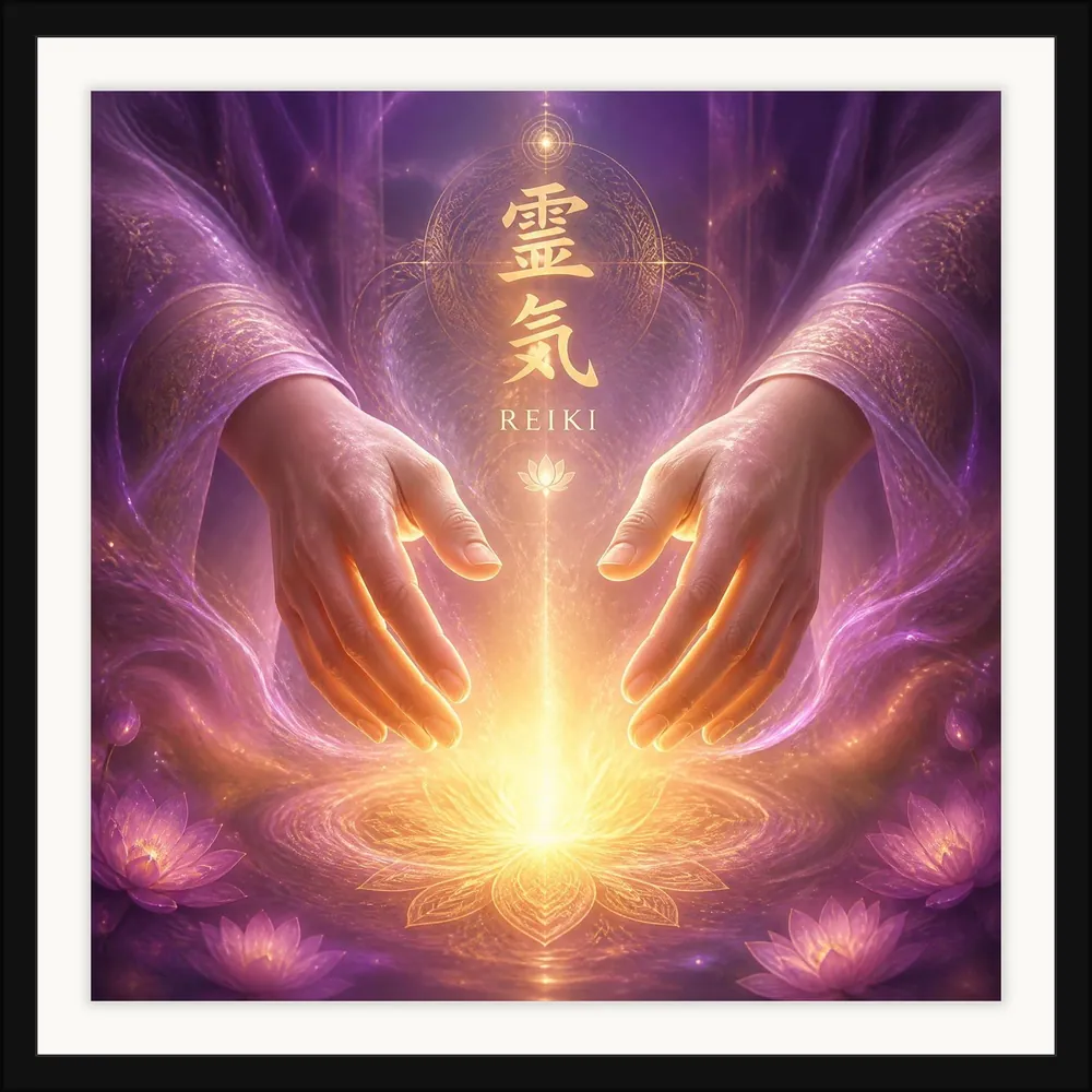 Reiki Healing Hands framed fine art print, glazed and mounted, on a light wall