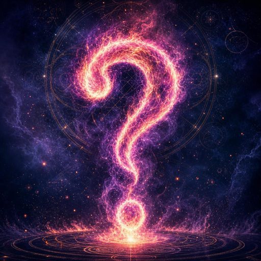 A question mark burning in violet flame